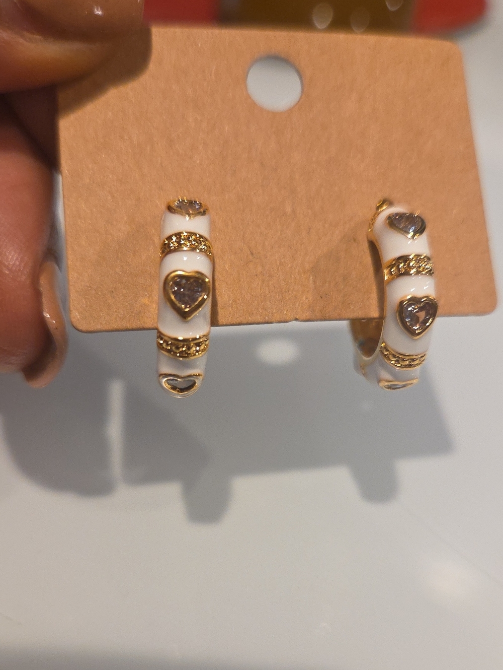 Gold & White Heart Hoop Earrings by